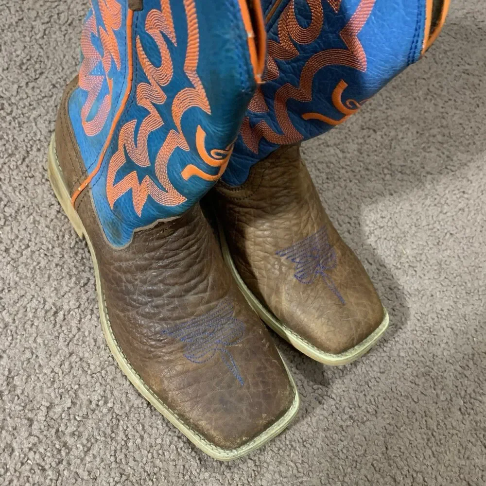 Twisted X YHY0001 Brown Blue Leather Neon Stitching Cowboy Boot Youth Size 4M